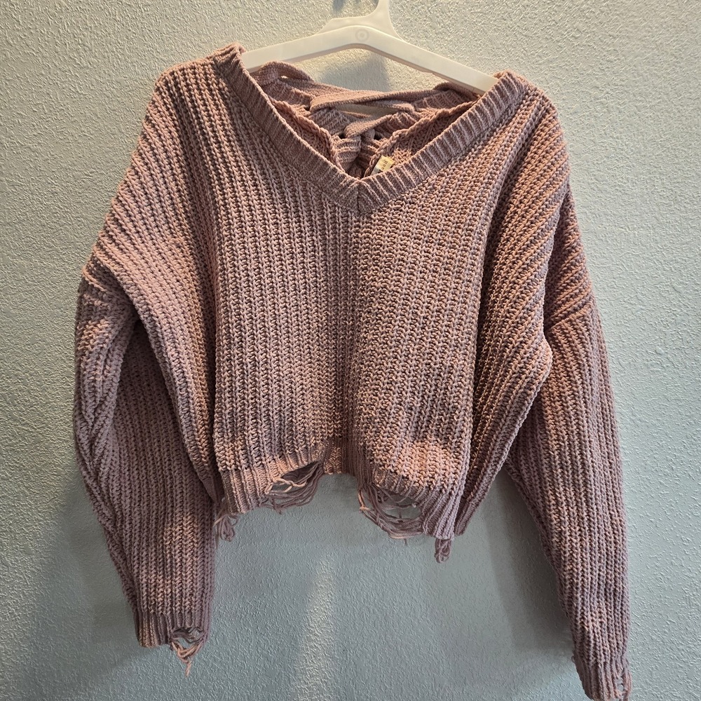 Hazel Moon Distressed Cropped Sweater XL Pink Chenille Lace Up Back Boho...